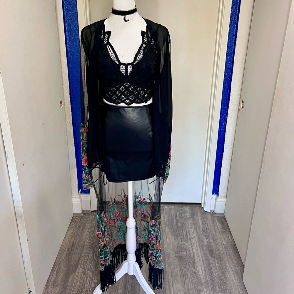 Embroidered Black Sheer Kimono - Gently Used